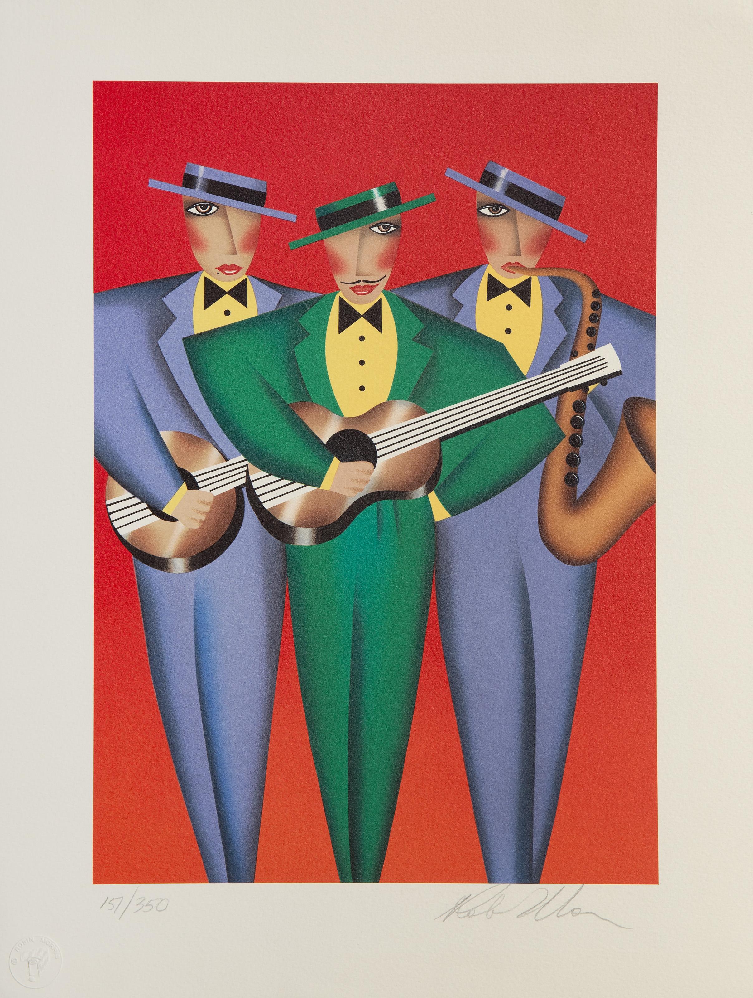 Robin Morris, Estadounidense (1953 - ) - Tres Amigos, Técnica: Serigrafía sobre Arches, firmada y numerada a lápiz, sello ciego del artista abajo a la izquierda, Edición: 157/350, Tamaño de la imagen: 13,5 x 9,5 pulgadas, Tamaño: 17 x 13 pulgadas