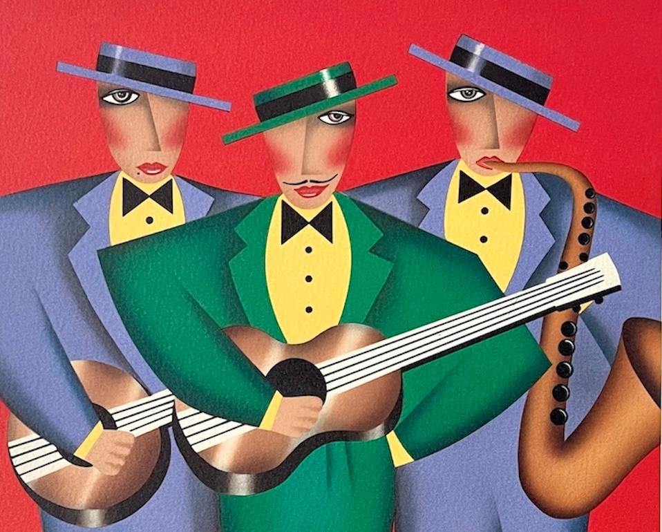 TRES AMIGOS Litografía Firmada, Trío Musical, Guitarras, Saxofón Música Latina, Rojo - Print Art Decó de Robin Morris