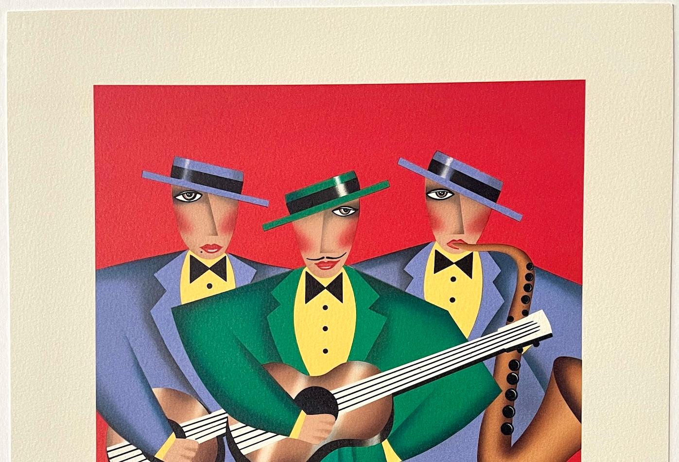 TRES AMIGOS, de la artista Robin Morris, es una litografía original de edición limitada impresa con técnicas litográficas manuales (no es una reproducción fotográfica ni una impresión digital) en papel Arches de archivo, 100% libre de ácido. TRES