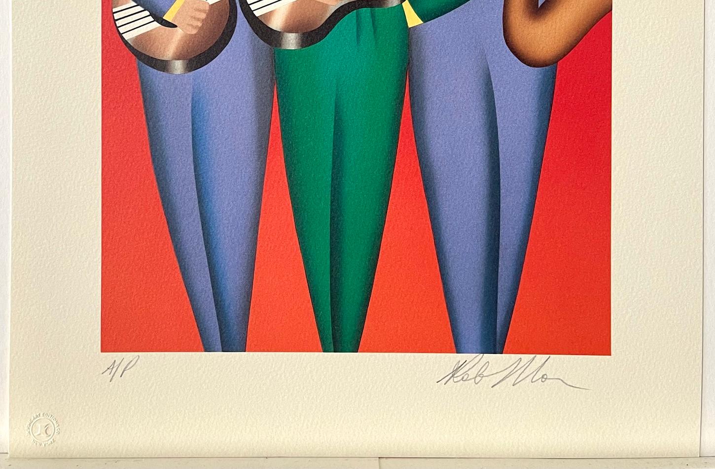 TRES AMIGOS Litografía Firmada, Trío Musical, Guitarras, Saxofón Música Latina, Rojo en venta 1