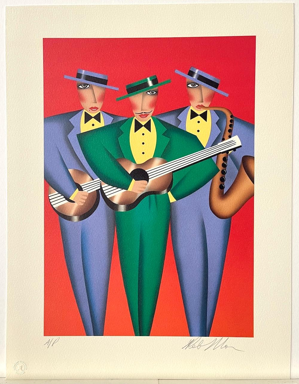 TRES AMIGOS Litografía Firmada, Trío Musical, Guitarras, Saxofón Música Latina, Rojo en venta 2