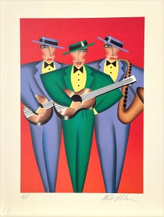 TRES AMIGOS Signed Lithograph, Musical Trio, Guitars, Saxophone Latin Music, Red