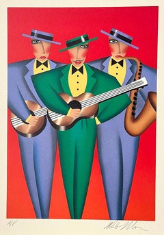 TRES AMIGOS Signed Lithograph, Musical Trio, Guitars, Saxophone Latin Music, Red