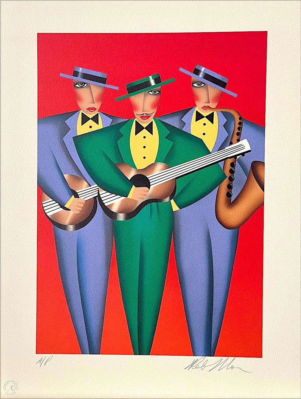 Robin Morris Portrait Print – TRES AMIGOS Signierte Lithographie, Musiktrio, Gitarren, Saxophon, Latein Bolero