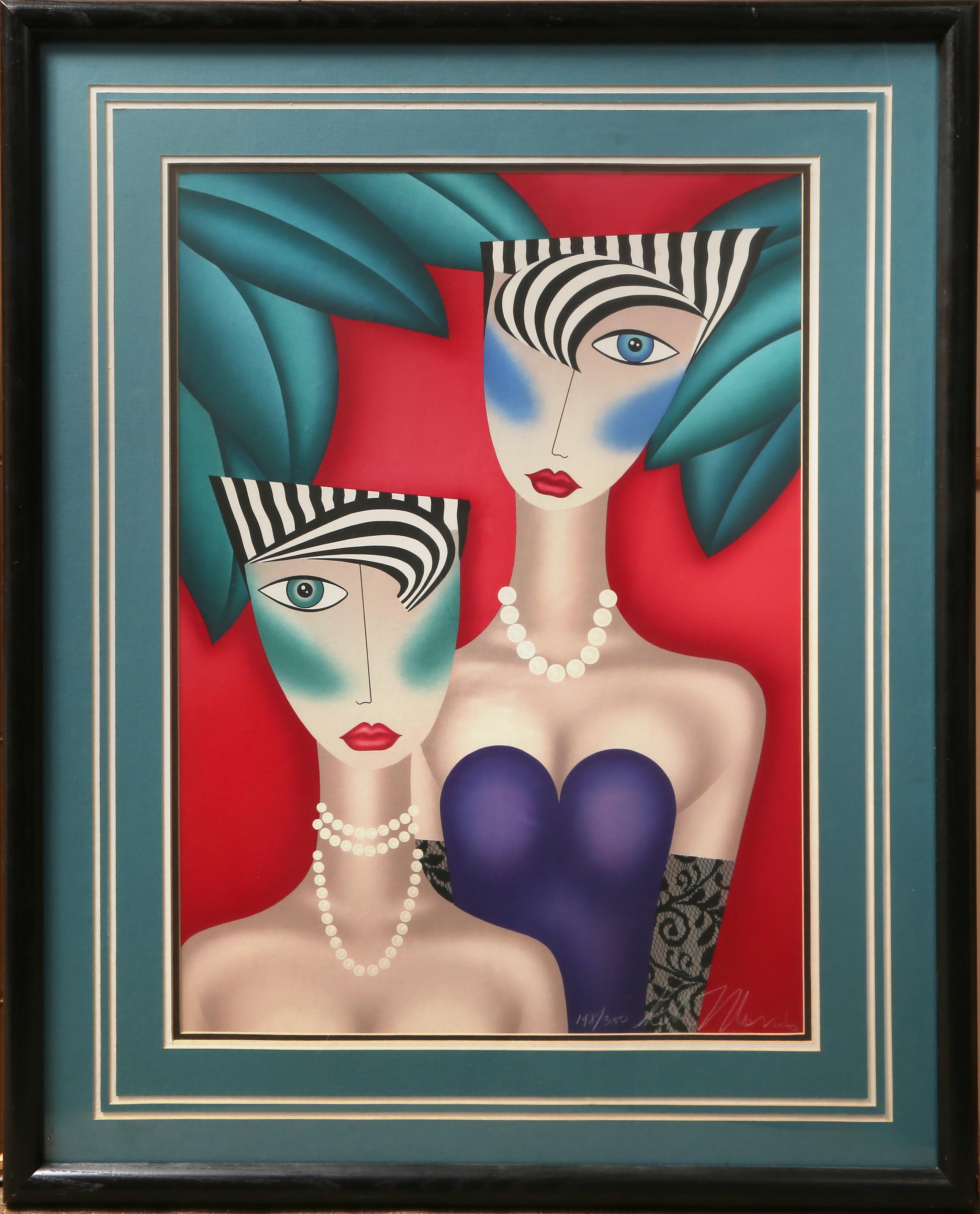 Robin Morris, American (1953 - ) - Twins, Year:  circa 1990, Medium:  Lithograph, signed and numbered in pencil lower right, Edition:  148/350, Image Size:  28 x 20 inches, Size:  29 x 21 in. (73.66 x 53.34 cm), Frame Size:  39 x 31 inches