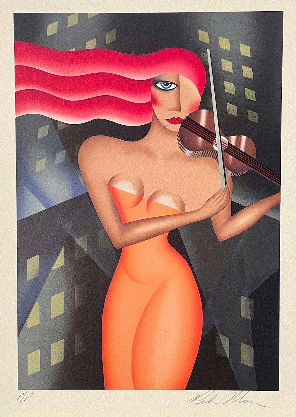 URBAN SERENADE Signed Lithograph, Woman Violinist, City Buildings Art Deco  - Print by Robin Morris