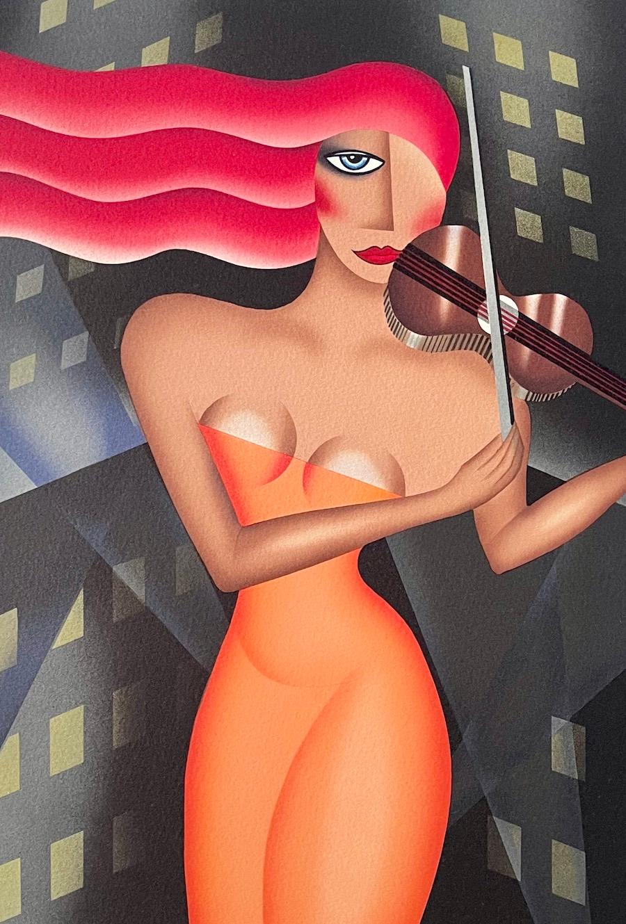 SERENATURA URBANA Litografía firmada, Mujer violinista, Edificios urbanos Art Decó - Figurative Print Beige de Robin Morris