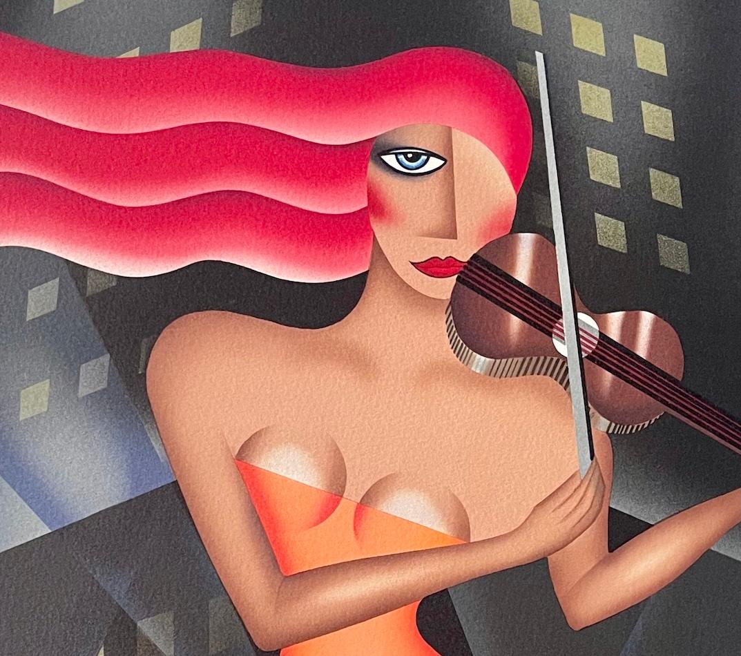 URBAN SERENADE, de la artista Robin Morris, es una litografía original de edición limitada impresa con técnicas litográficas manuales (no es una reproducción fotográfica ni una impresión digital) en papel Arches de archivo, 100% libre de ácido.