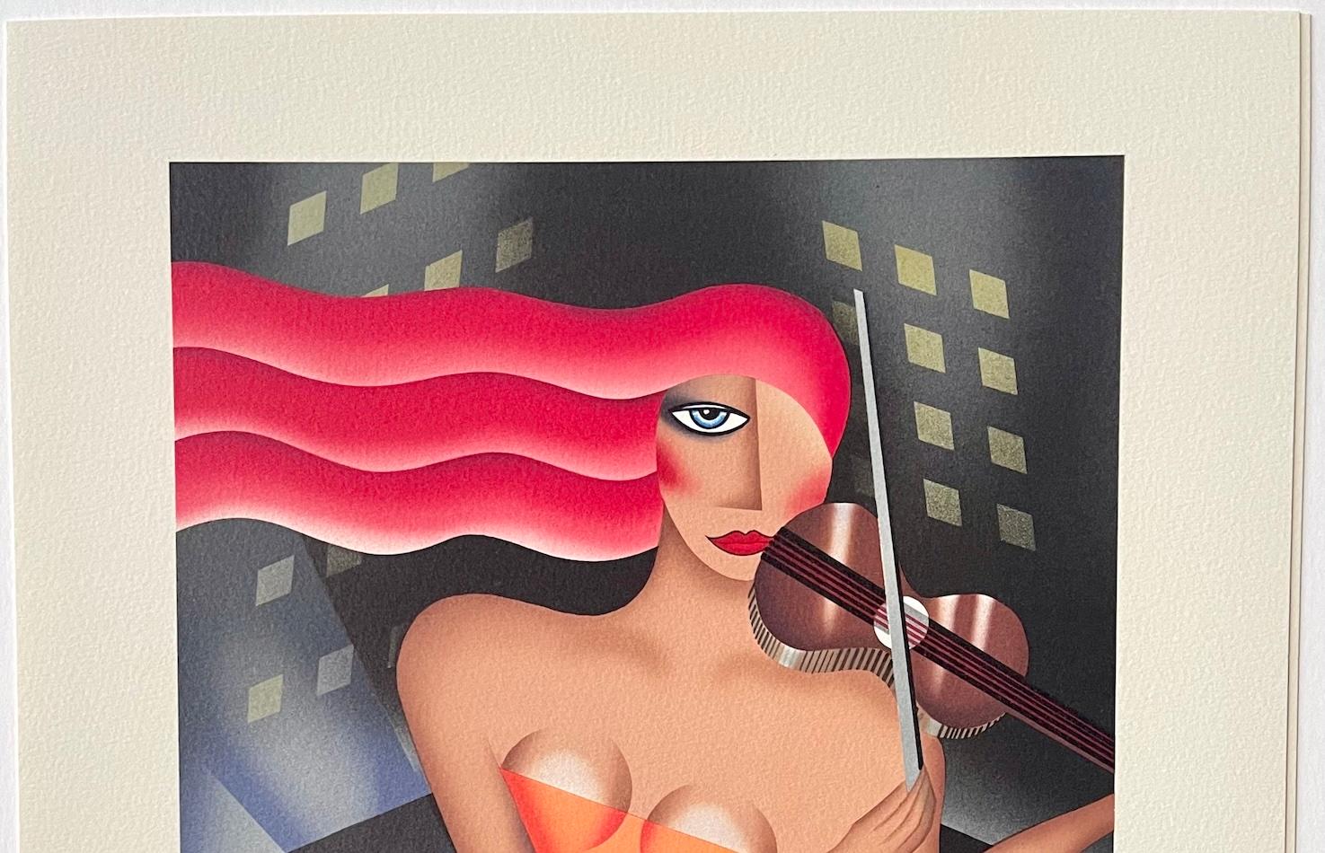 SERENATURA URBANA Litografía firmada, Mujer violinista, Edificios urbanos Art Decó en venta 2