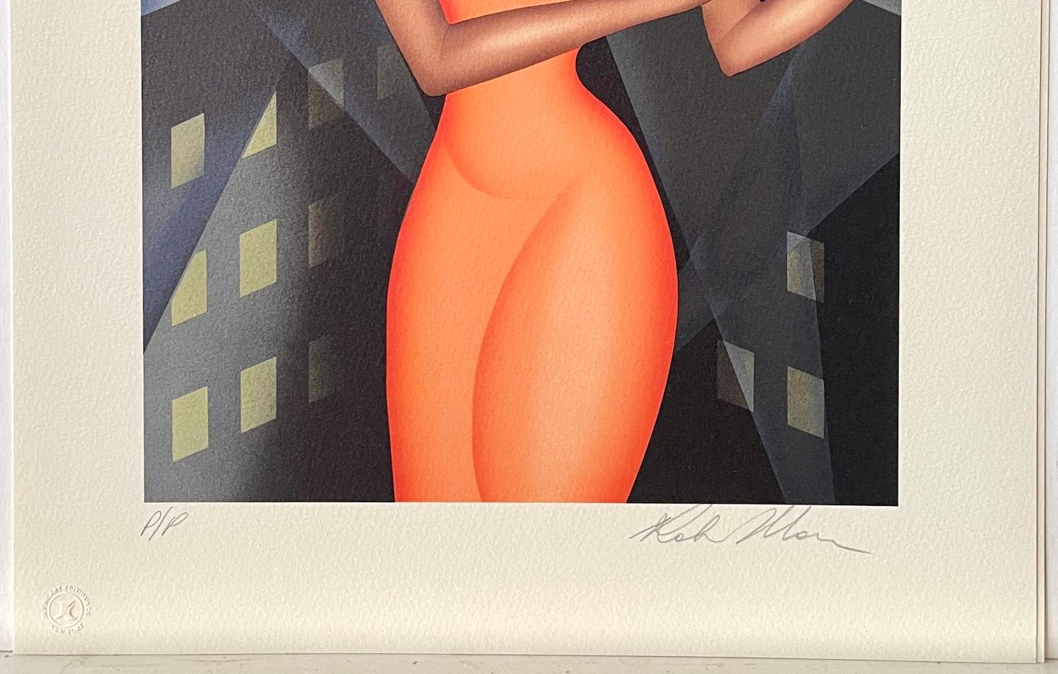 SERENATURA URBANA Litografía firmada, Mujer violinista, Edificios urbanos Art Decó en venta 3
