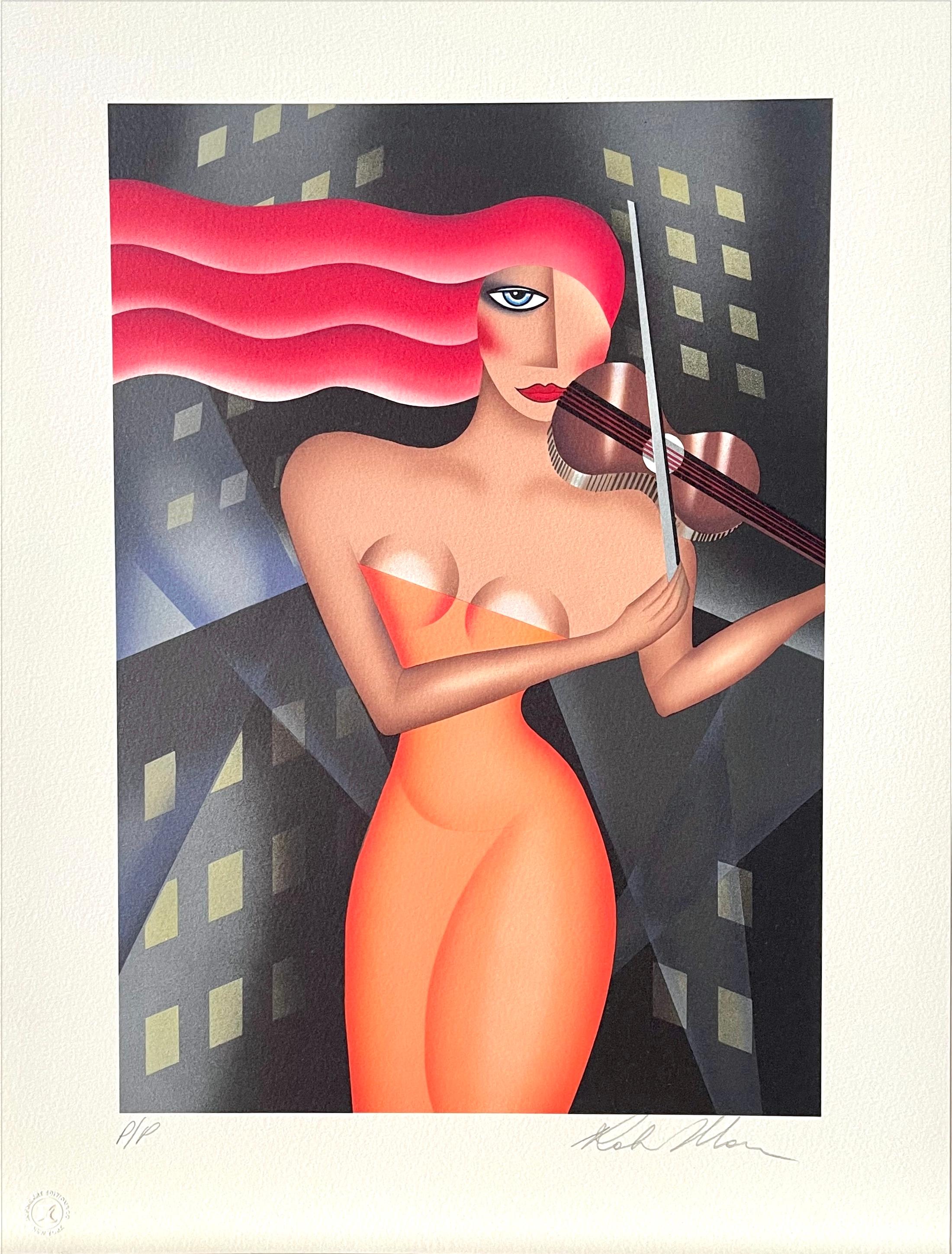 URBAN SERENADE, signierte Lithographie, Violinistin, Stadtgebäude, Art déco