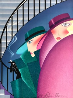 Robin Morris - Lithographie signée WAITING FOR THE BOYS, chapeaux à large bord Art Déco pour femmes Lithographie signée WAITING FOR THE BOYS, chapeaux à large bord Art Déco pour femmes