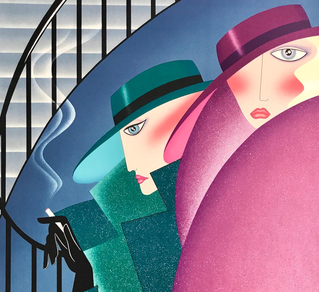 WAITING FOR THE BOYS Signed Lithograph, Women Wide Brim Hats, Art Deco Staircase - Print by Robin Morris