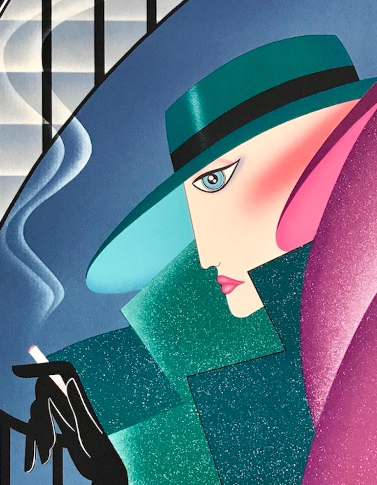 WAITING FOR THE BOYS Signed Lithograph, Women Wide Brim Hats, Art Deco Staircase For Sale 1