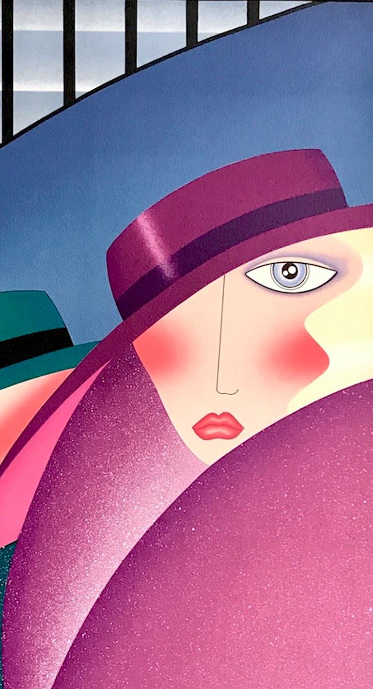 WAITING FOR THE BOYS Signed Lithograph, Women Wide Brim Hats, Art Deco Staircase For Sale 3