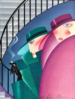 WAITING FOR THE BOYS Signed Lithograph, Women Wide Brim Hats, Art Deco Staircase
