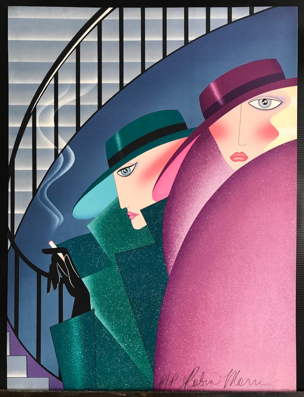 WAITING FOR THE BOYS Signed Lithograph, Women Wide Brim Hats, Art Deco Staircase For Sale 5