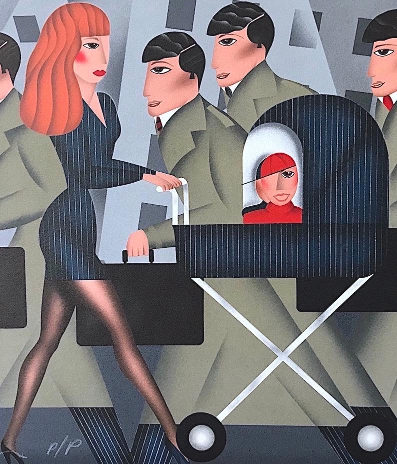 WORKING MOM Signed Lithograph Businesswoman Pushing Baby Carriage Navy Pinstripe - Print by Robin Morris
