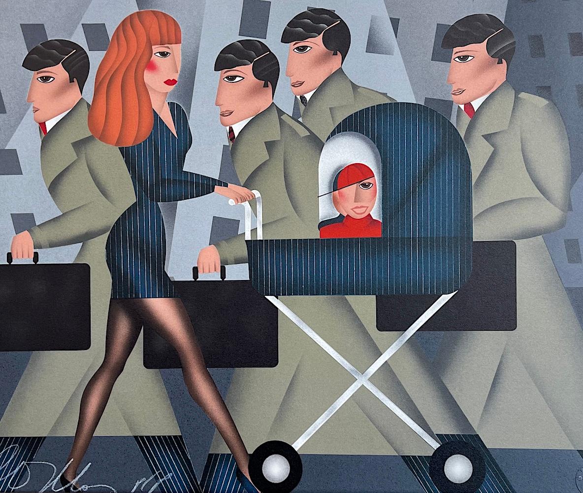 MAMÁ TRABAJADORA Litografía firmada Mujer de negocios empujando un cochecito de bebé Rayas marineras - Print de Robin Morris