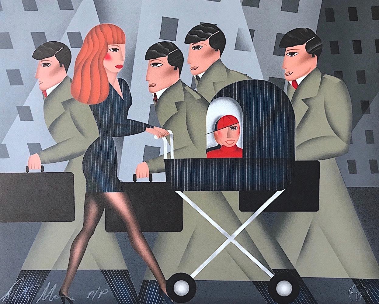 Robin Morris Portrait Print - WORKING MOM Signed Lithograph Businesswoman Pushing Baby Carriage Navy Pinstripe