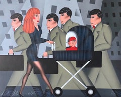WORKING MOM Signed Lithograph Businesswoman Pushing Baby Carriage Navy Pinstripe