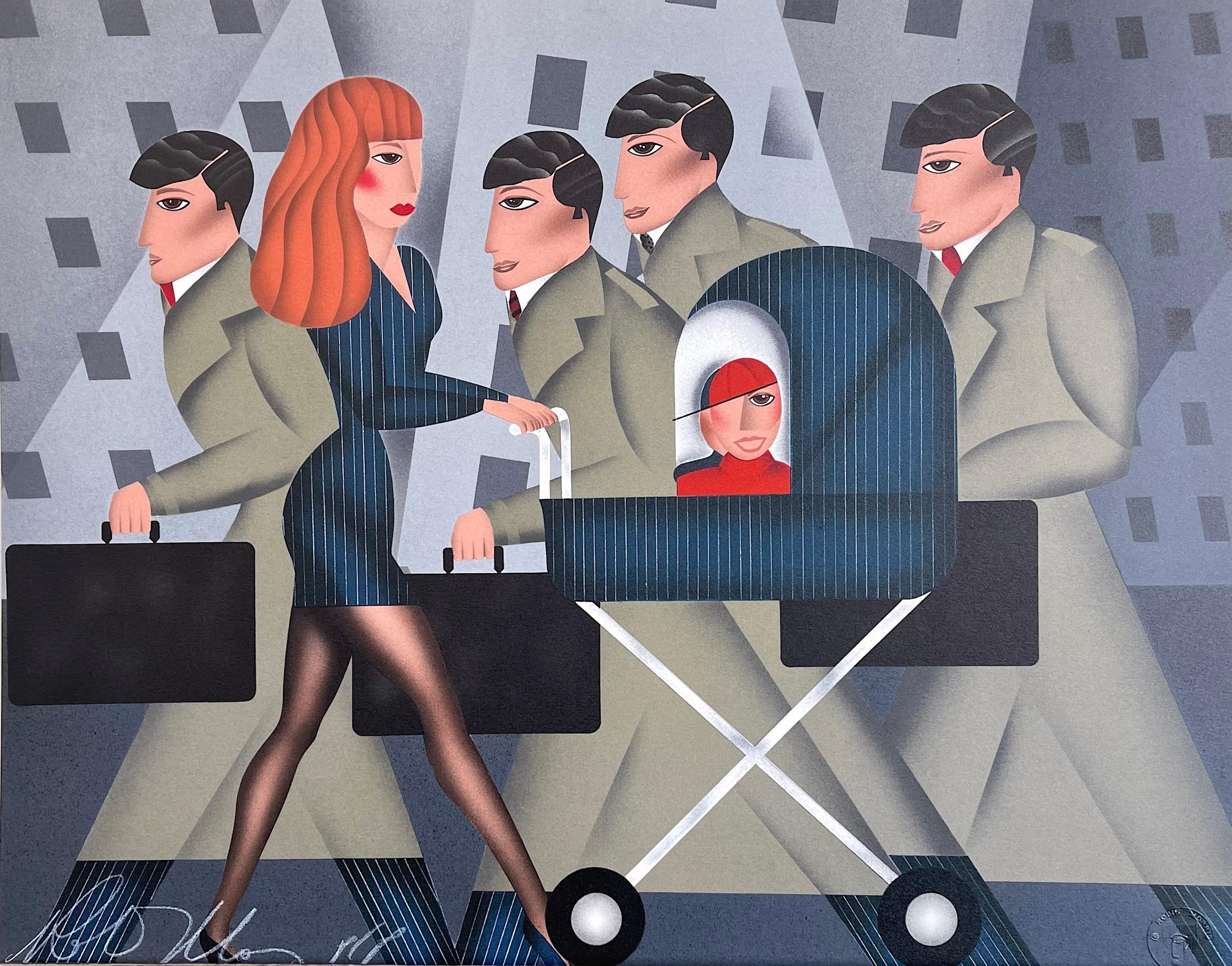 Portrait Print Robin Morris - WORKING MOM Lithographie signée Femme d
affaires poussant un landau Marine Pinstripe