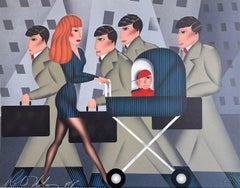 WORKING MOM Signed Lithograph Businesswoman Pushing Baby Carriage Navy Pinstripe