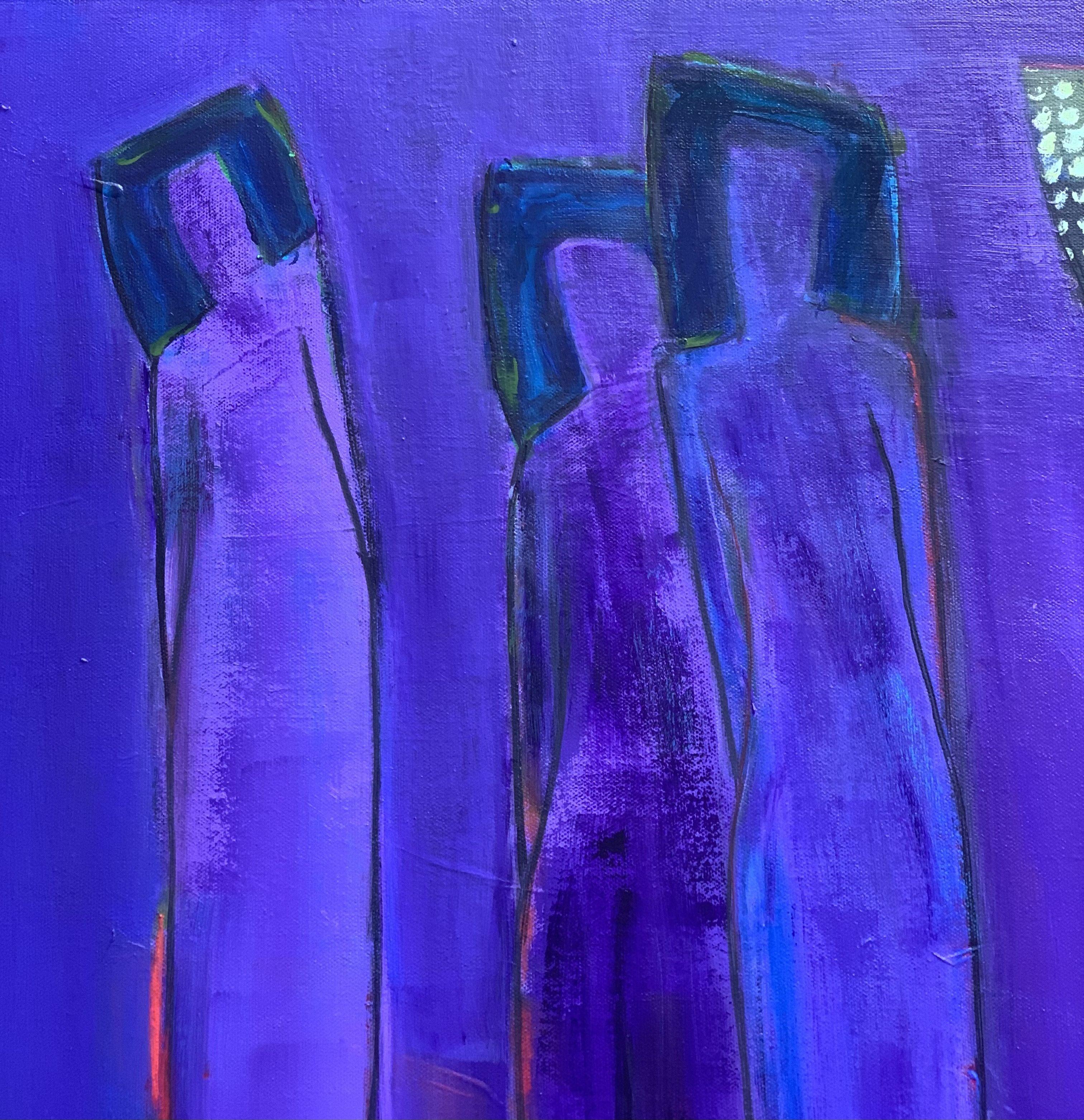   A contemporary scene by artist Robin Okun of statuesque purple figures fuses with a striking  purple backdrop. The patterned abstract shapes of black, red, and green create a striking counterpoint of mystery and fantasy.   :: Painting ::