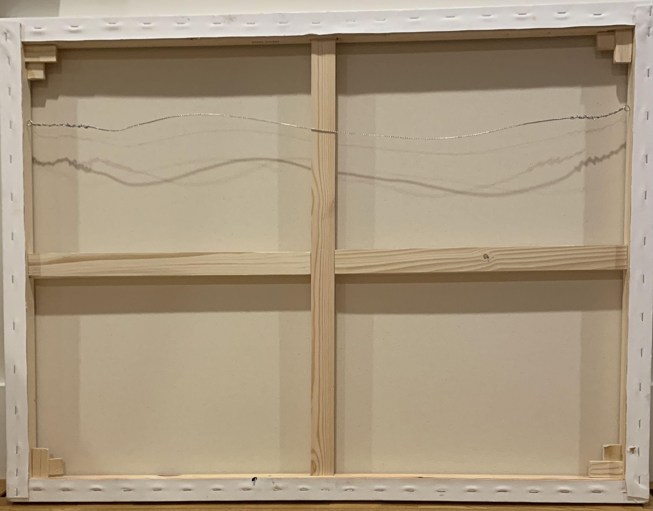 Bold geometric shapes and lines, gentle variations of blue complemented by a strong deep blue black create a calm and engaging contemporary work. 