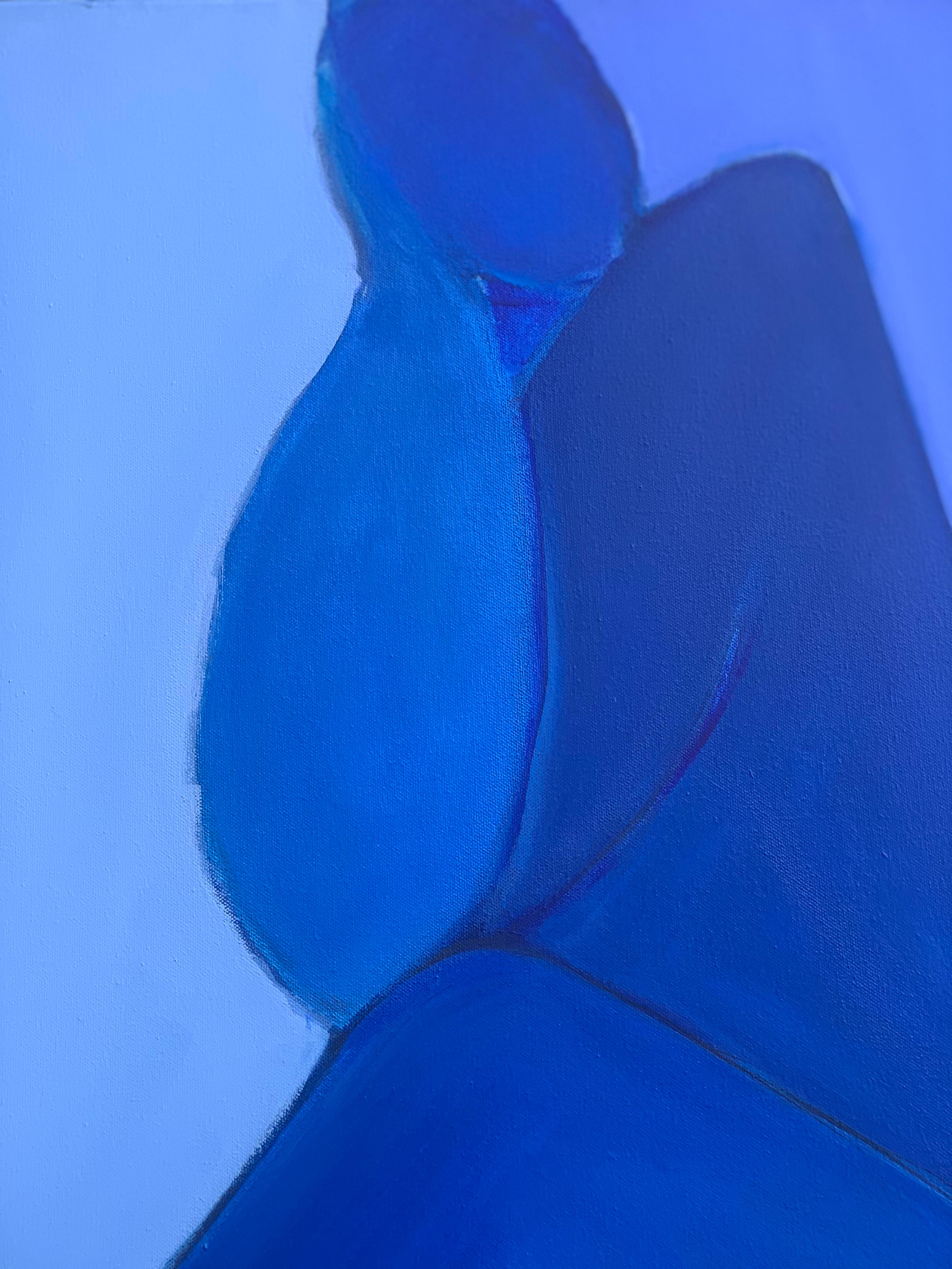 <p>Artist Comments<br>Artist Robin Okun paints a sensitive and evocative modernist figure in subtle variations of warm blue. A contemplative woman in the nude, sitting with her legs crossed. 