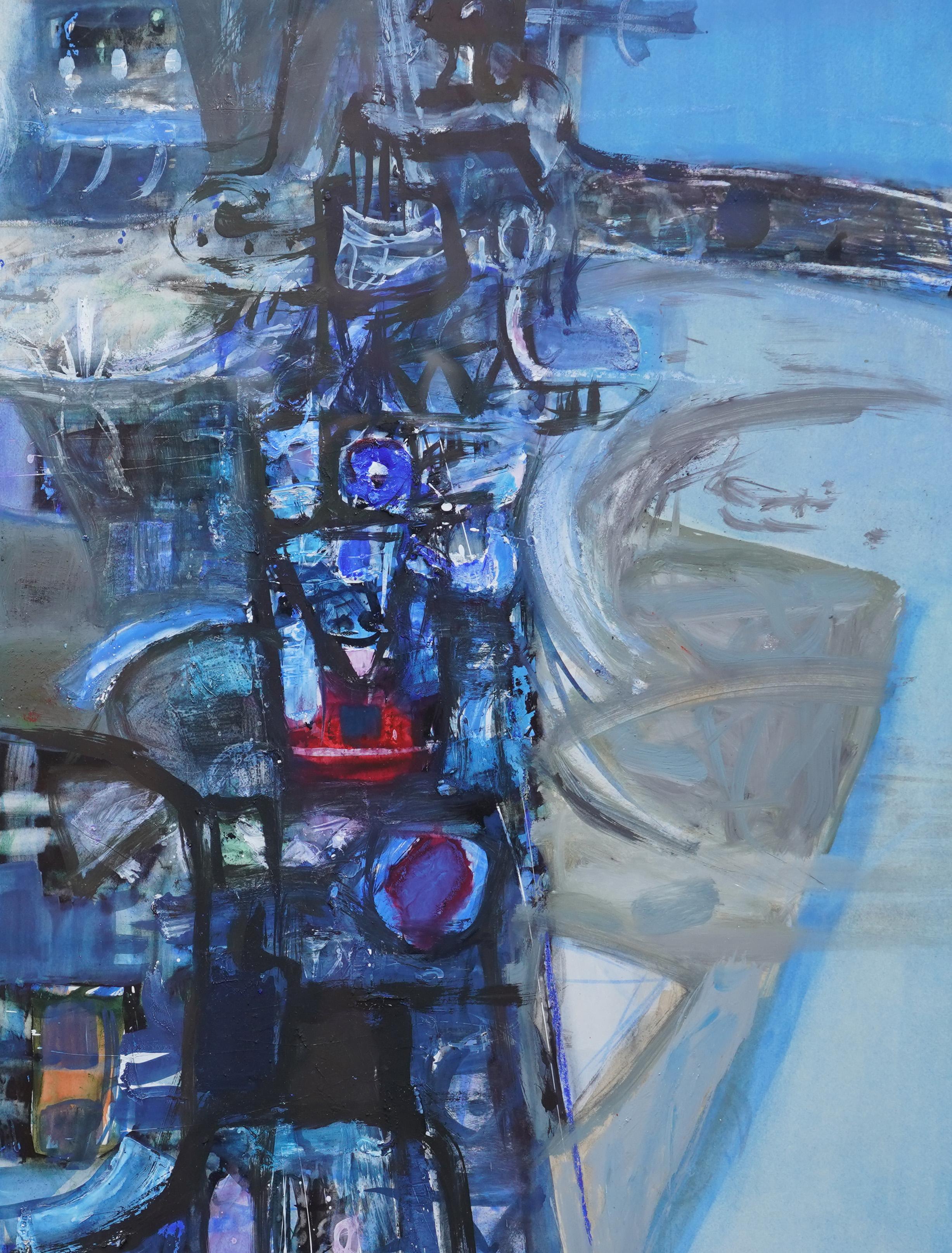 Questo splendido dipinto astratto scozzese, molto esposto, è opera del noto artista Robin Philipson. È stato dipinto intorno al 1963 a guazzo e a tecnica mista. La tavolozza è composta da blu e bianchi vibranti, con impasti pesanti e disegni