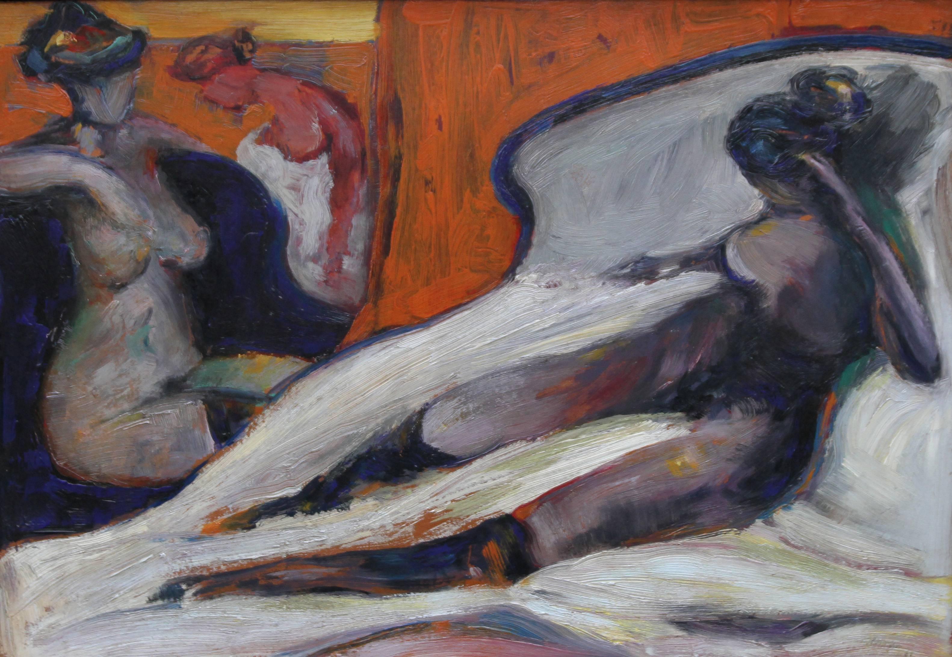 Women Observed - Scottish art Edinburgh Expressionist artist nude oil painting - Painting by Robin Philipson