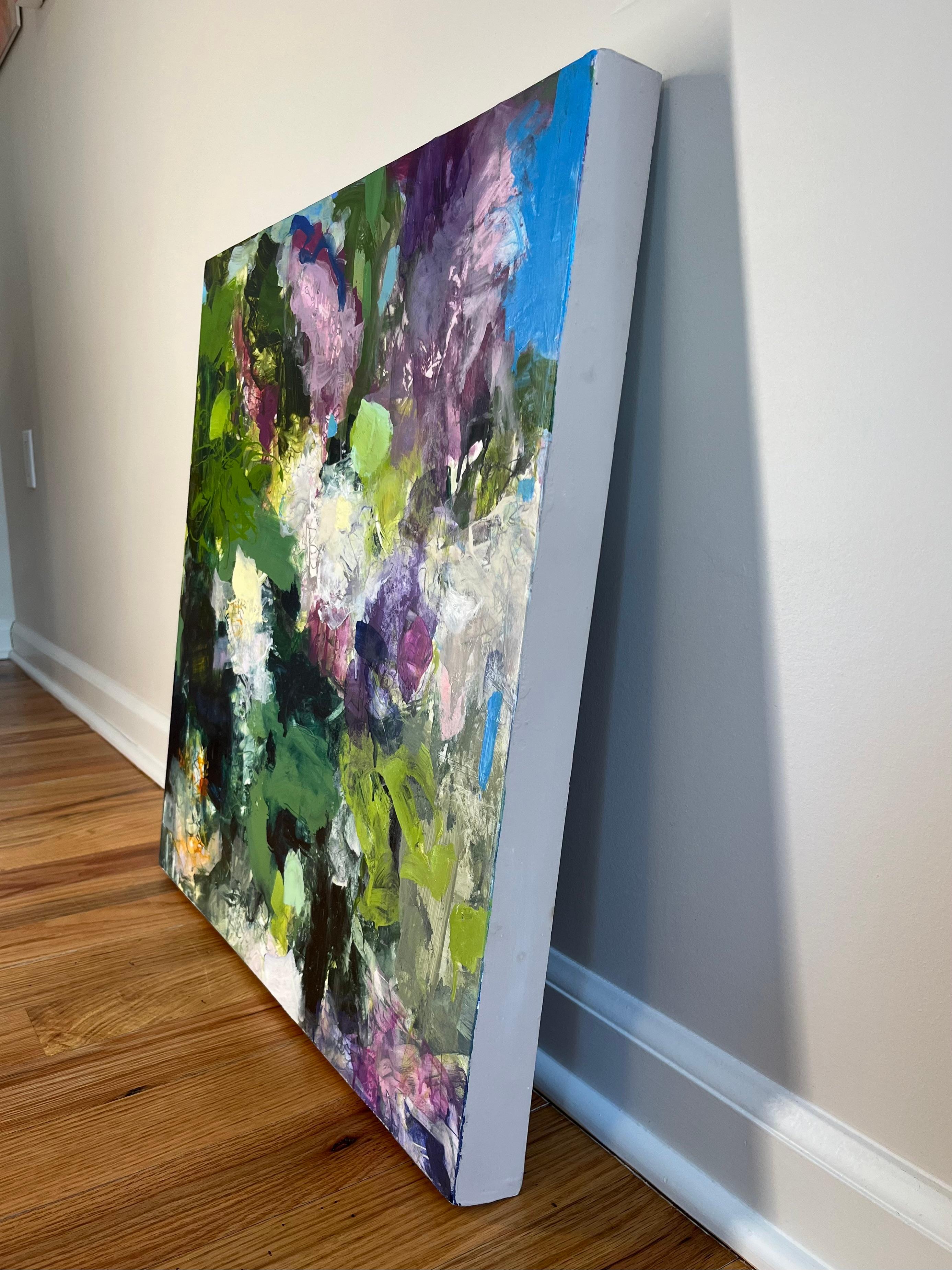 Oil on birch panel in excellent condition by Robin Reynolds. Abstract floral in vibrant colors, primarily green, with purple, blue and white. 

Robin Reynolds paints plein-air (outdoors) from spring to fall and works indoors with collage in the