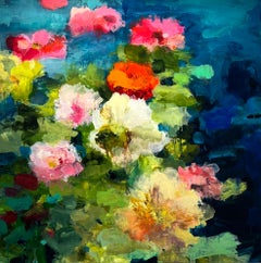 "Looking for the Flow" - Peinture contemporaine de paysage floral, huile sur panneau.