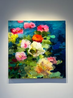 "Buscando la corriente" - Pintura contemporánea de paisaje floral, óleo sobre tabla