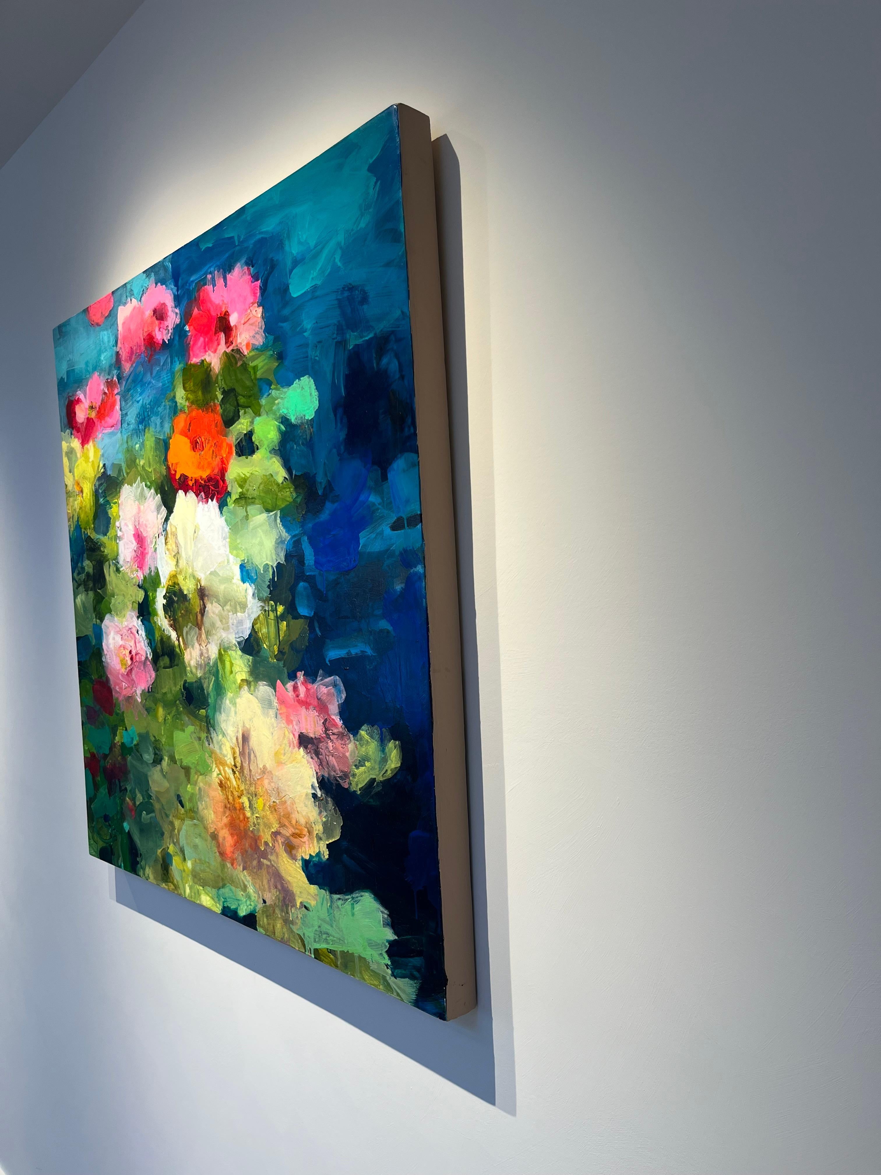 Oil on birch panel in excellent condition by Robin Reynolds. Abstract floral in vibrant colors, primarily green, with purple, blue and white. 

Robin Reynolds paints plein-air (outdoors) from spring to fall and works indoors with collage in the