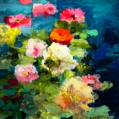"Looking for the Flow" - Peinture contemporaine de paysage floral, huile sur panneau.
