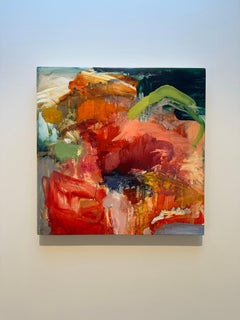 "Amapola en paisaje" Pintura contemporánea de paisaje floral, óleo sobre panel de abedul