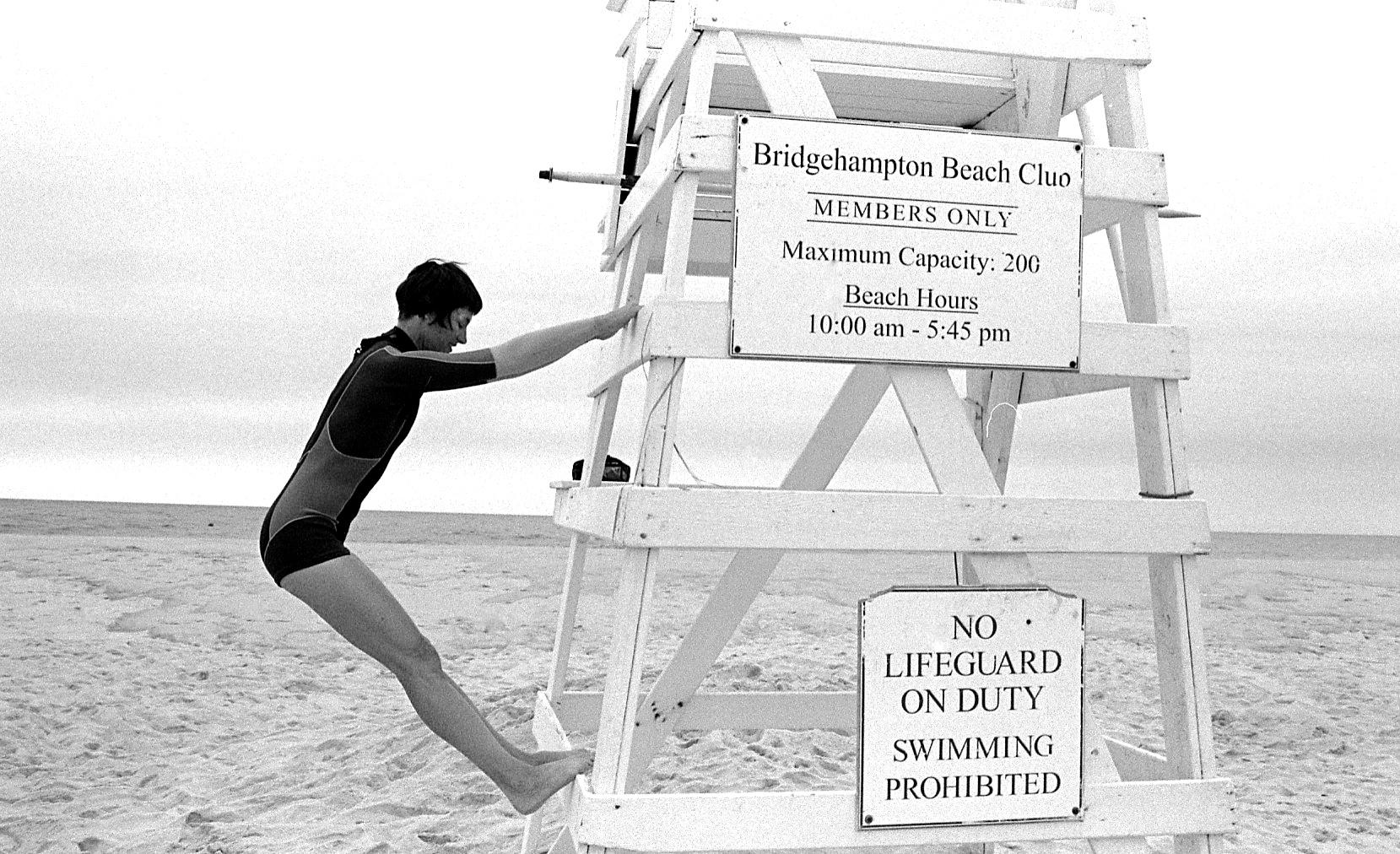 Robin Rice Black and White Photograph – Kristen in Cynthia Rowley Wetsuit #1, Bridgehampton, NY, 2011