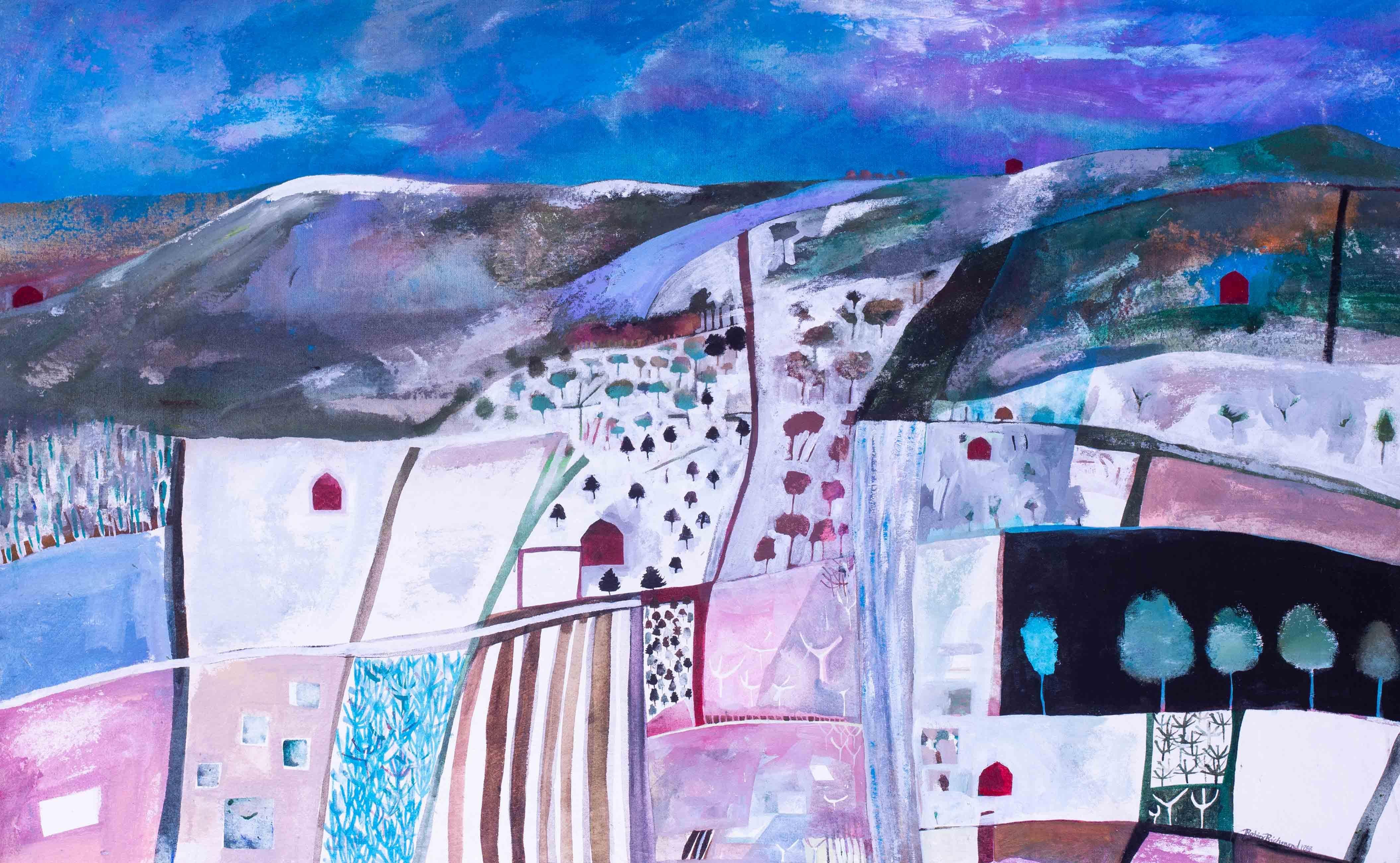 20th Century American abstract landscape in purples and blues - Painting by Robin Richmond