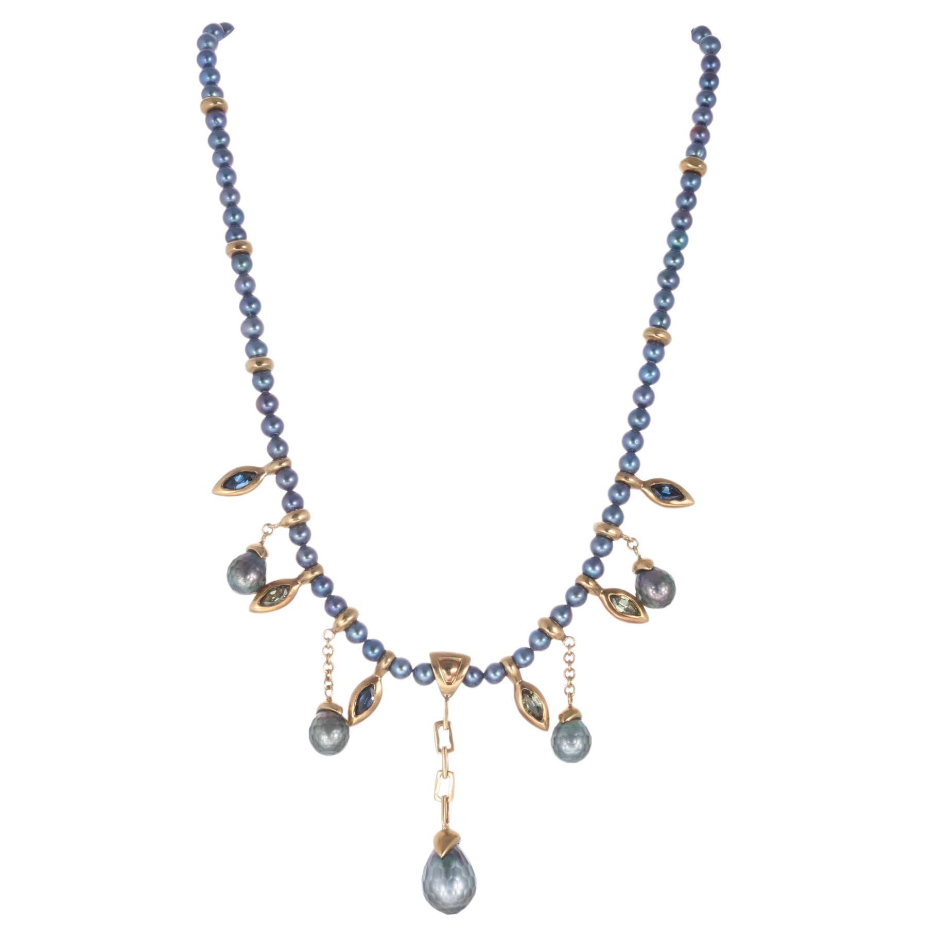 Robin Rotenier 2.40 Carat Sapphire Black South Sea Pearl Yellow Gold Necklace For Sale