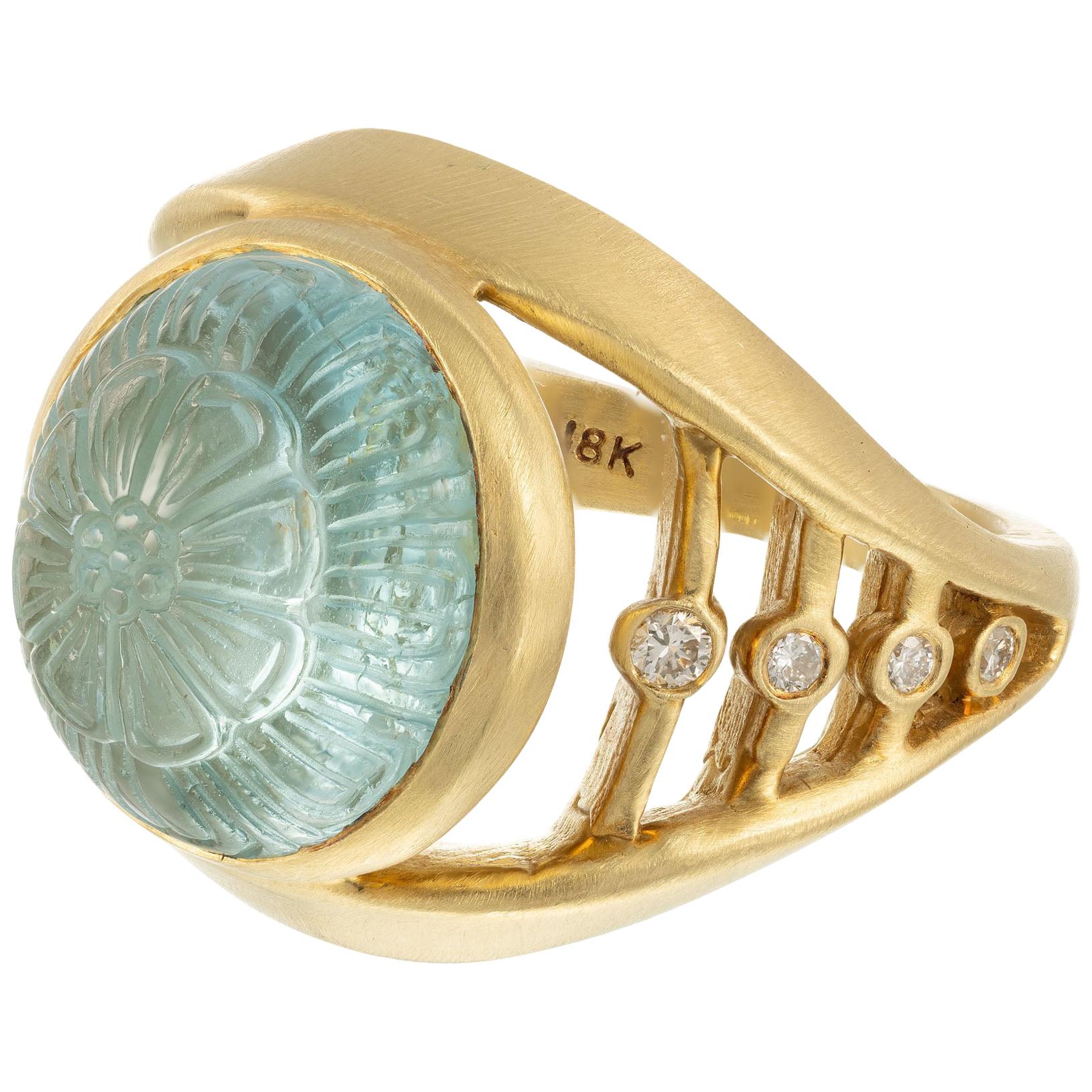 Robin Rotenier 5.30 Carat Carved Aquamarine Diamond Yellow Gold Cocktail Ring For Sale