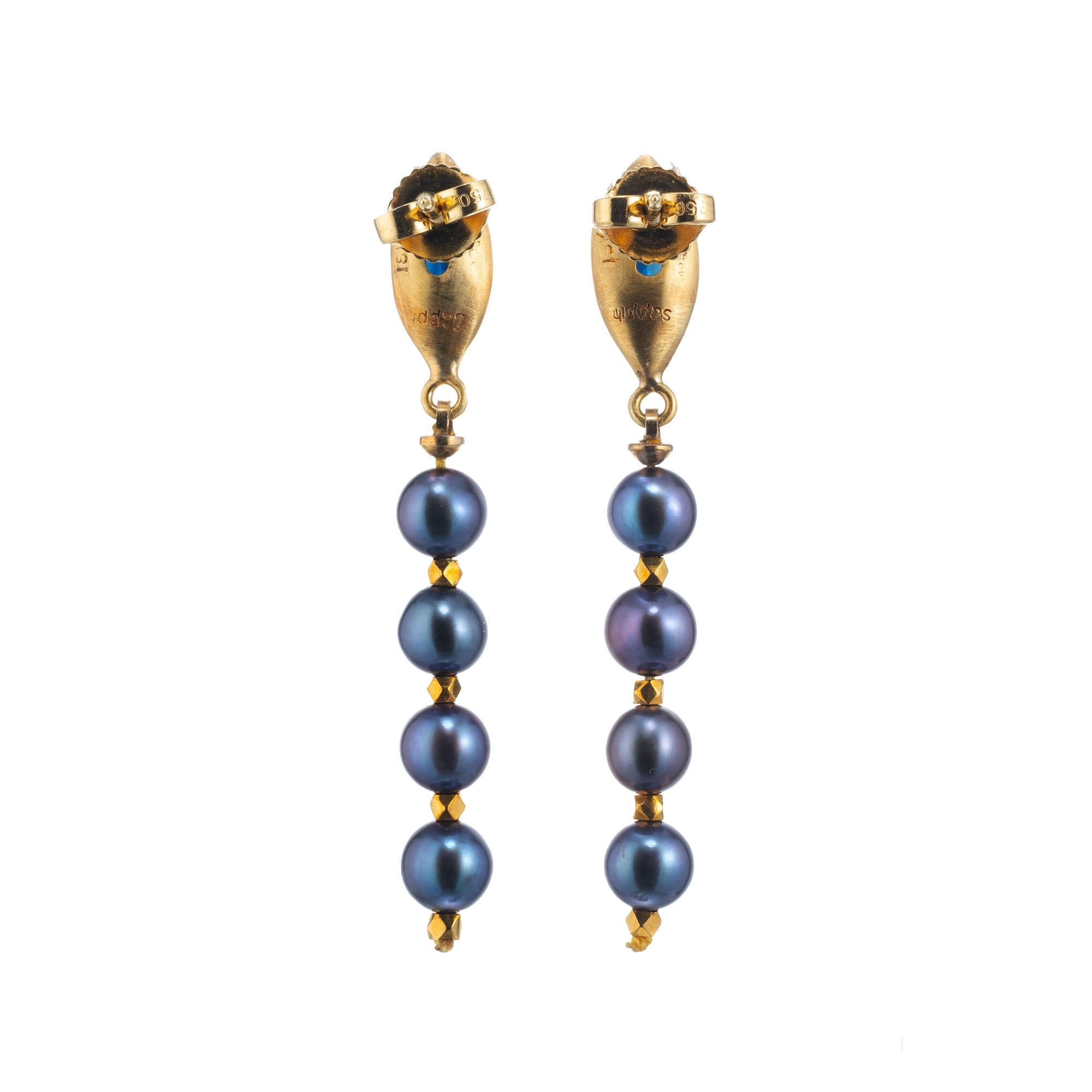 Marquise Cut Robin Rotenier .90 Carat Sapphire Pearl Yellow Gold Dangle Drop Earrings For Sale