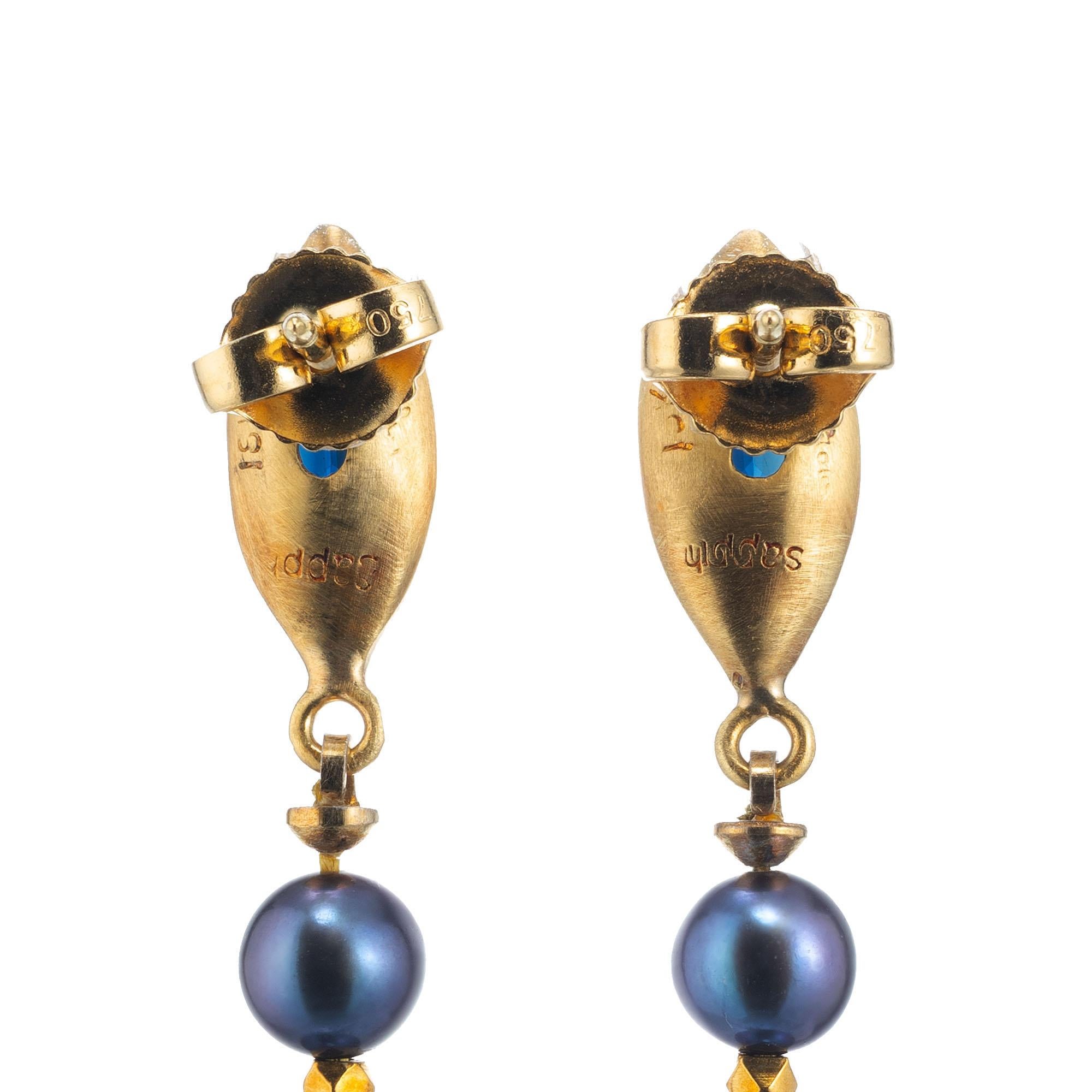 Robin Rotenier .90 Carat Sapphire Pearl Yellow Gold Dangle Drop Earrings In Excellent Condition For Sale In Stamford, CT