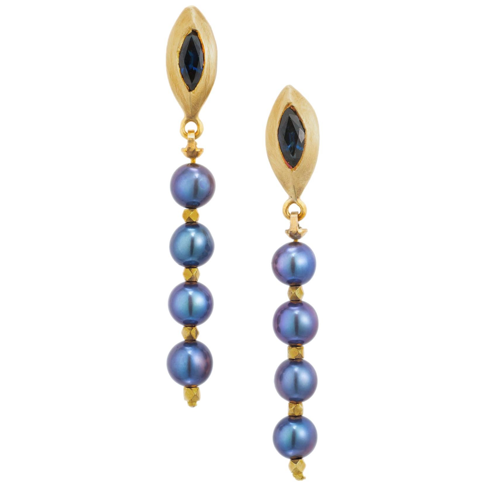 Robin Rotenier .90 Carat Sapphire Pearl Yellow Gold Dangle Drop Earrings