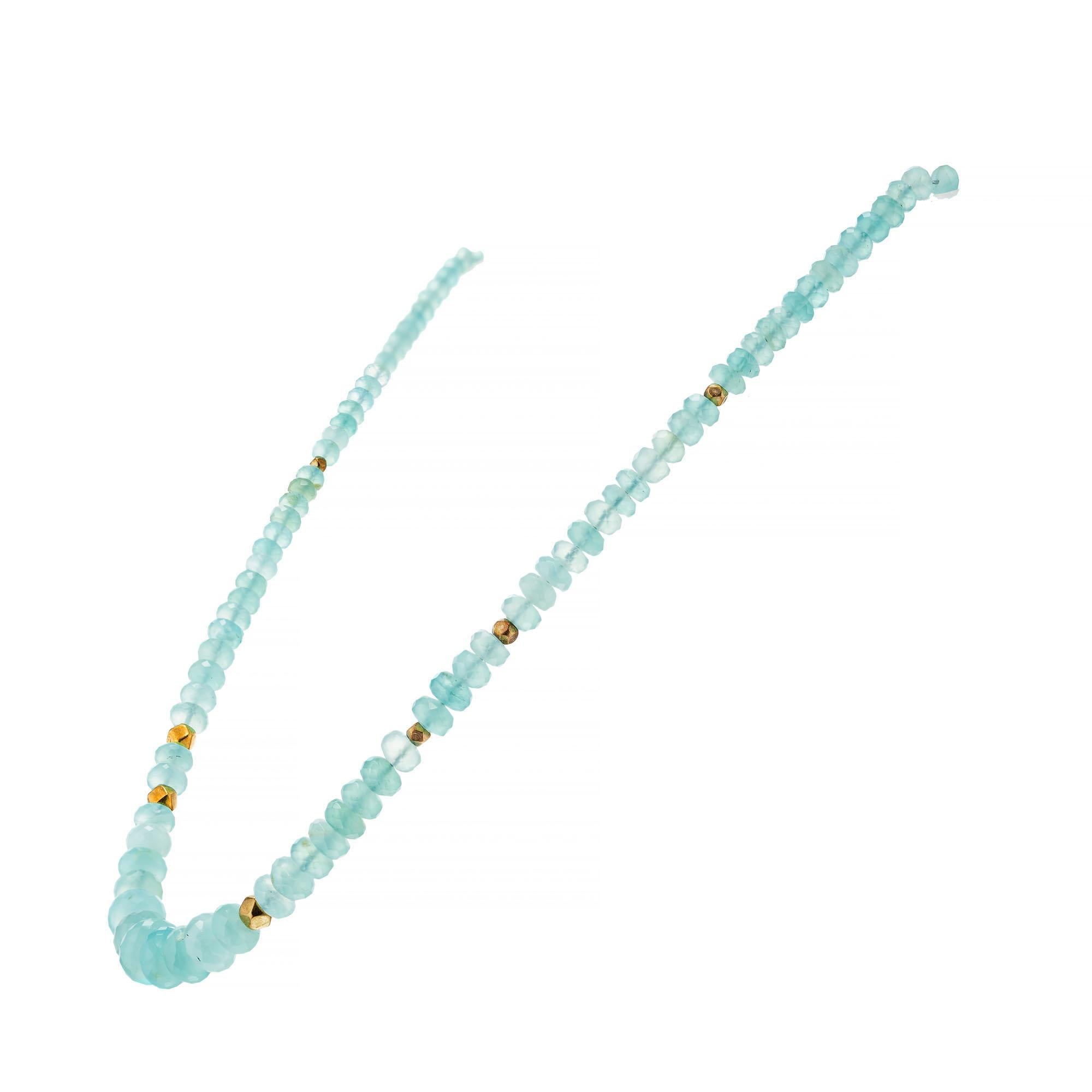 Robin Rotenier appetite bead necklace with 18k yellow gold spacers and toggle clasp. 16.5 inches long. 

130 faceted greenish blue appetite beads 3.6mm -8.8mm
18k yellow gold 
Hallmark: RR
15.4 grams 
Total length: 16.5 Inches

