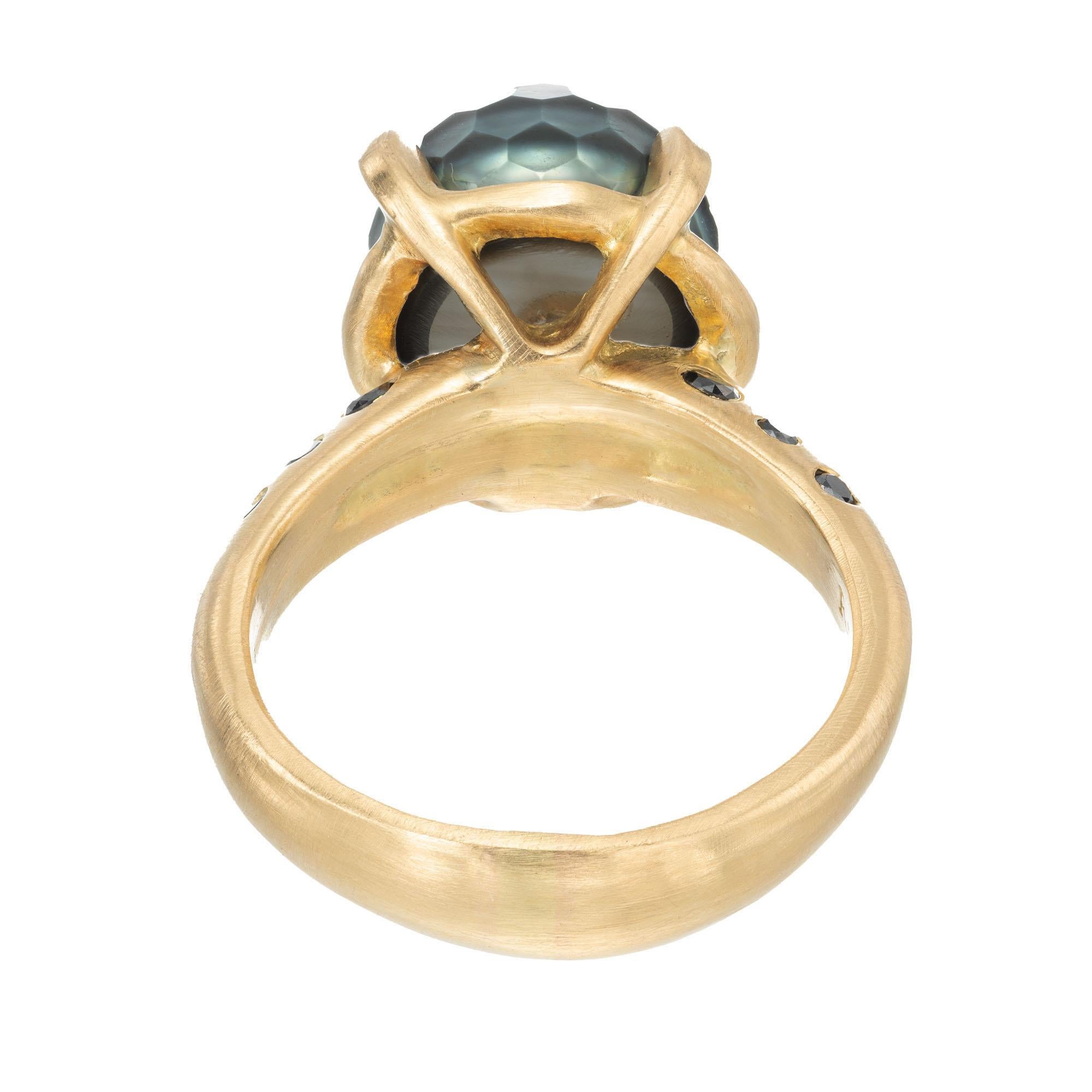 Round Cut Robin Rotenier Black Tahitian Pearl Diamond Yellow Gold Ring For Sale