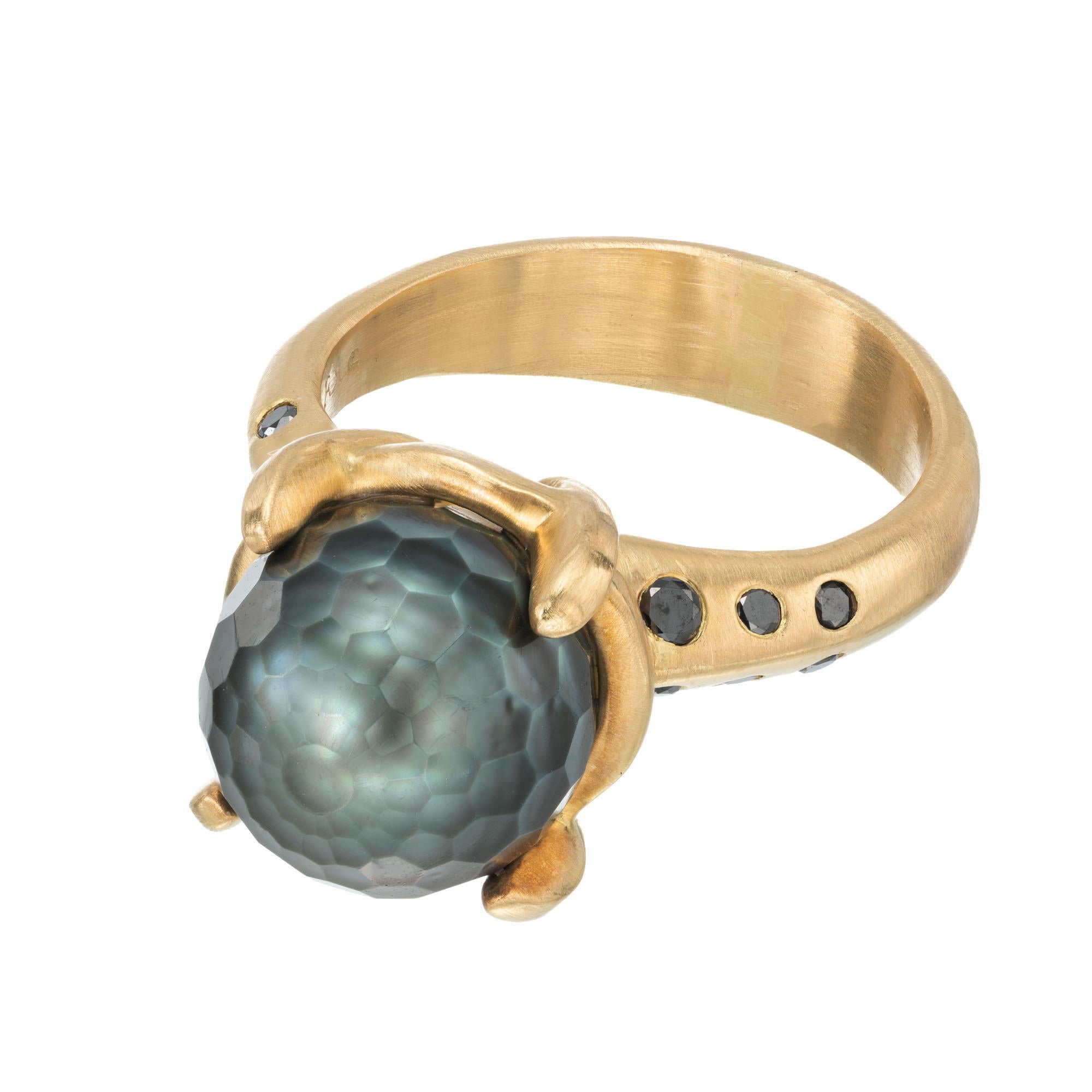 Women's Robin Rotenier Black Tahitian Pearl Diamond Yellow Gold Ring For Sale