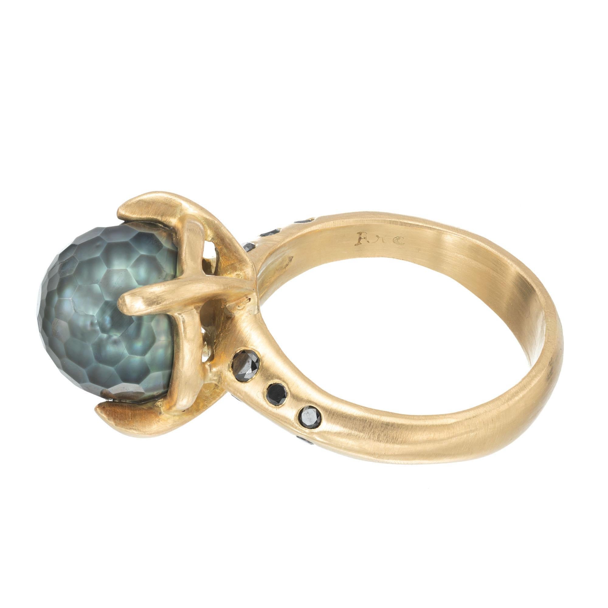 Robin Rotenier Black Tahitian Pearl Diamond Yellow Gold Ring For Sale 2