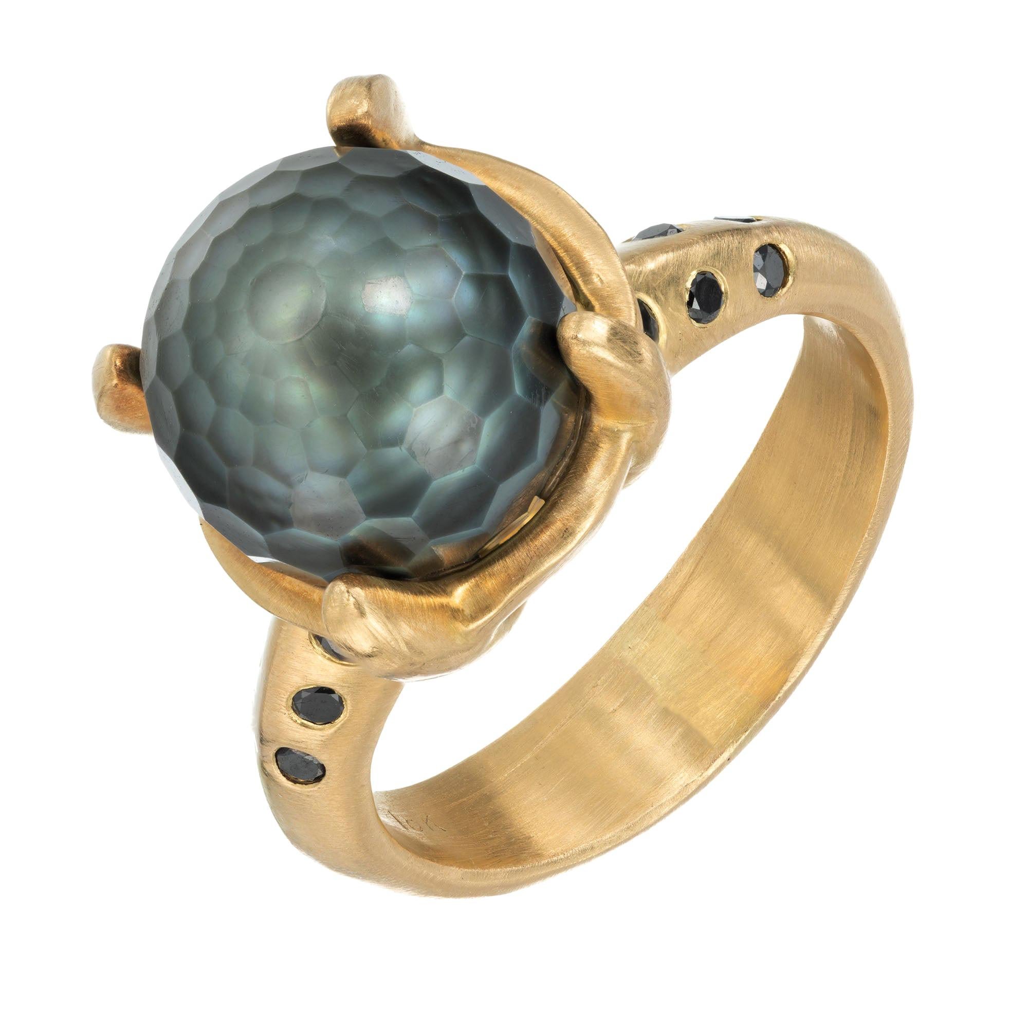 Robin Rotenier Black Tahitian Pearl Diamond Yellow Gold Ring For Sale